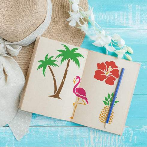 FINGERINSPIRE Tropical Coconut Tree Stencil 11.8x11.8inch Reusable Tropical Leaves Pineapple Flamingo Flower Pattern Template Animal Plant Theme S...