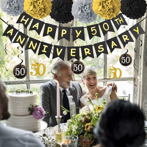 50th Wedding Anniversary Decorations Kit - Gold Glitter Happy 50th Banner / Sparkling 50 Hanging Swirls / Poms...