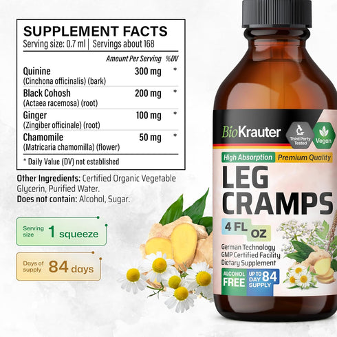 Leg Cramps Tincture with Quinine - Organic Ginger & Chamomile Liquid Extracts for Leg Cramps Relief - Natural Alcohol & Sugar Free Formula - Vegan...