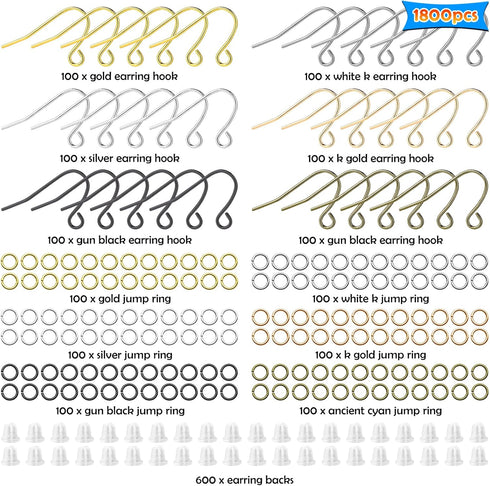 1800Pcs 6 Colors Earring Hooks Set for Jewelry Making,French Hook Earrings Findings Hypoallergenic Ear Wires Fish Hooks with Jump Rings and Earrin...