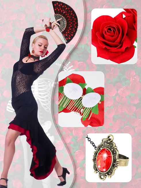 BBTO 5 Pcs Halloween Rose Flamenco Women Accessories Girl Rose Flower Hair Clip, Sequins Fabric Folding Fan, Lace Choker Necklace Bracelet Earring...