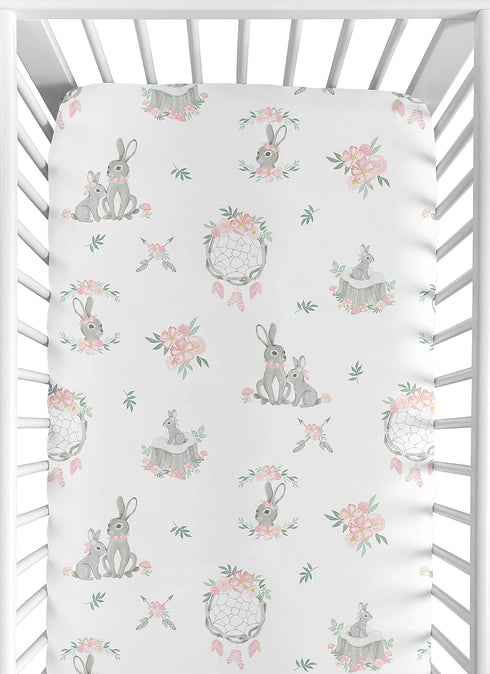 Sweet Jojo Designs Blush Pink and Grey Woodland Boho Dream Catcher Arrow Girl Baby or Toddler Nursery Fitted Crib Sheet for Gray Bunny Floral Coll...