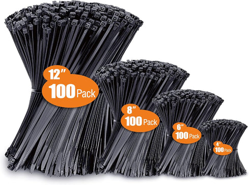 Zip Ties Assorted Sizes(4”+6”+8”+12”), 400 Pack, Black Cable Ties, UV Resistant Wire Ties by ANOSON...