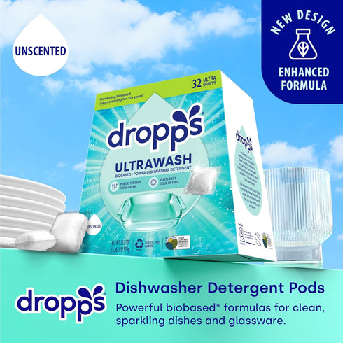 Dropps Dishwasher Detergent Pods: Unscented | 32 Count | Cuts Grease & Fights Stuck On Food | For Sparkling Glassware & Dishes | Low Waste Packagi...
