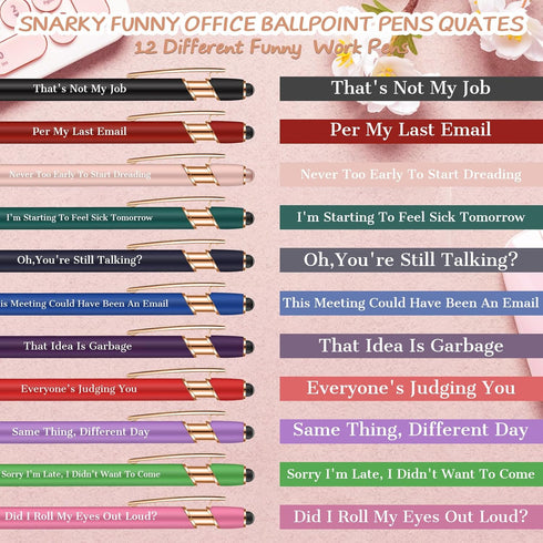 Snarky Funny Office Pens,12 Pcs Negative Sarcastic Hilarious Quotes Work Ballpoint Pens with Stylus Tip for Colleague Co-workers Gift Black Ink (S...
