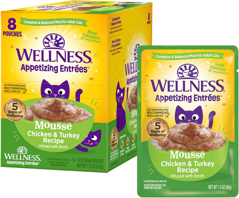 Wellness® Appetizing Entrées™ Mousse Chicken & Turkey Recipe Infused with Broth Natural Wet Cat Food, 1.4 oz Pouch (Pack of 8)...