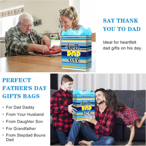 FaCraft Fathers Day Gift Bag - 13" Large Happy Father's Day Gift Bags with Tissue Paper Best Dad Ever Paper Bag with Handle for Dad Stepdad Grandf...