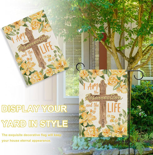 Spring Summer I Am The Resurrection and The Life Decorative Garden Flag, Easter Religious Cross Yellow Flower Yard Outside Decorations, Christian ...