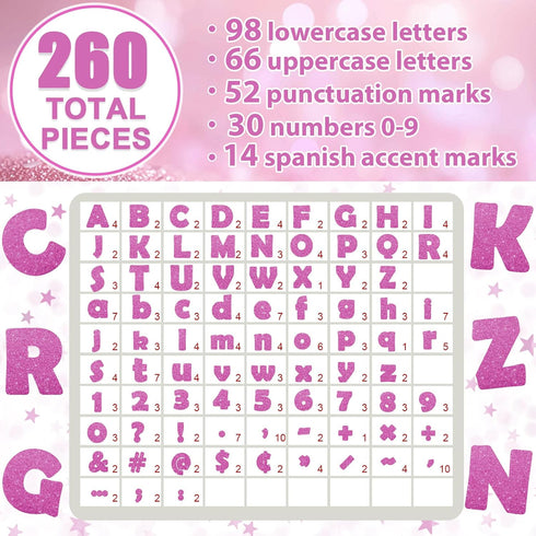 260Pcs Glitter Pink Bulletin Board Letters for Classroom 4” Letter Combo Pack Set Numbers Alphabet Poster Board with Adhesive Dots Punctuation Sym...