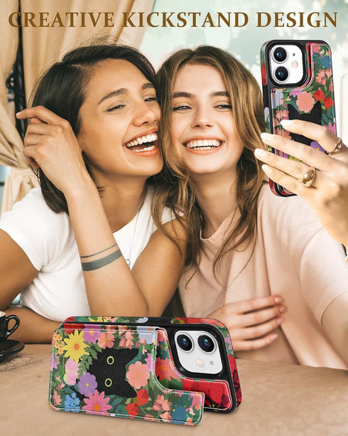 Shorogyt for iPhone 11 Wallet Case with Card Holder, Designer Floral Cat Pattern Kickstand Magnetic Clasp Back Flip Folio Leather Phone Cases for ...