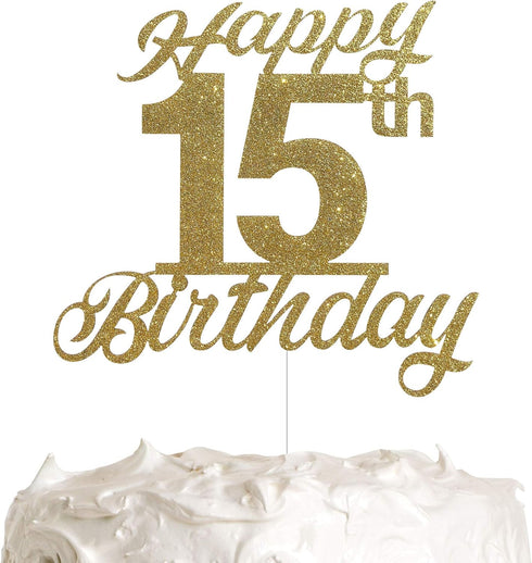 15th Birthday Cake Topper, Birthday Party Decorations with Premium Gold Glitter...
