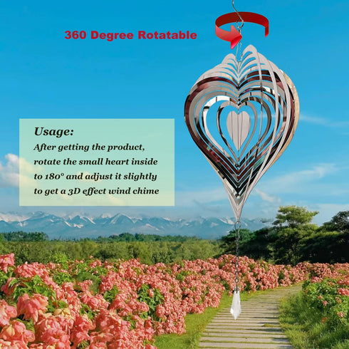3D Wind Spinners Outdoor Garden Decor - Stainless Steel Reflective Hanging Wind Spinner Bird Devices Deterrent Away from Yard, Metal Heart Wind Sc...