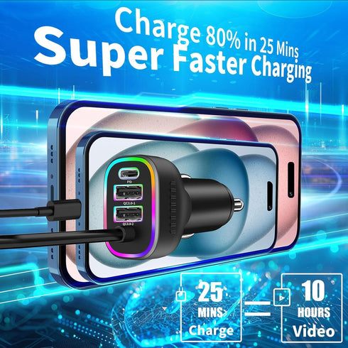 iPhone USB C 140W Super Fast Car Charger, Arparnar 4 Port PD&QC3.0 USB C Car Charger Compact Fast Car Charger with 5ft 60W Type C Coiled Cable for...