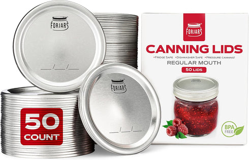 FORJARS - Canning Lids Regular Mouth, 50-Pack – Create Airtight Seals on Mason Jars to Preserve Food for Meal Prep & Food Storage – 2.7 In. Steel ...