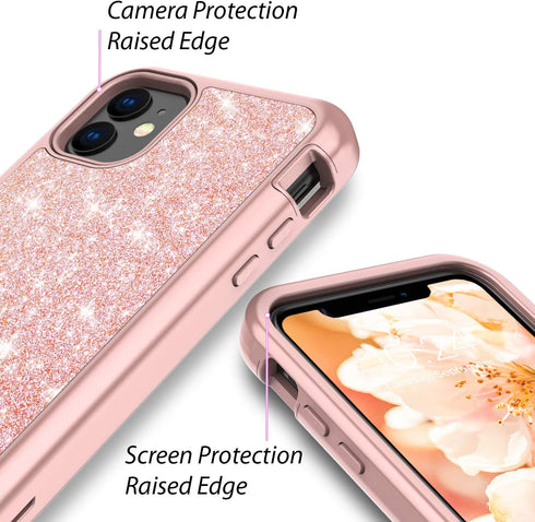 Coolwee Glitter Full Protective Case for iPhone 11 Heavy Duty Hybrid 3 in 1 Rugged Shockproof Women Girls Rose Gold for iPhone 11 6.1 inch Shiny B...