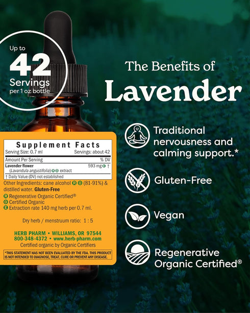 Herb Pharm Certified Organic Lavender Flower Liquid Extract for Calming Nervous System Support, 1 Fl Oz...