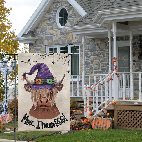Louise Maelys Halloween Highland Cow Garden Flag 12x18 Double Sided, Burlap Small Welcome Boo Halloween Witch Hat House Flags Seasonal Holiday Out...