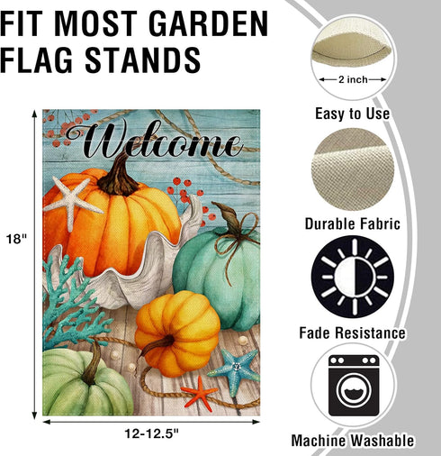 Welcome Fall Thanksgiving Teal blue Pumpkin Nautical Home Decorative Garden Flag, Autumn Yard Lawn Coastal Ocean Outside Decor, Beach Farmhouse Ou...