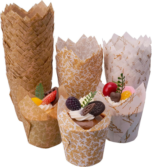 200Pcs Tulip Cupcake Liners for Baking Cups With Three Fancy Designs Muffin Liners Holders Premium Baking Cups Cupcake Wrappers Christmas Bakery C...