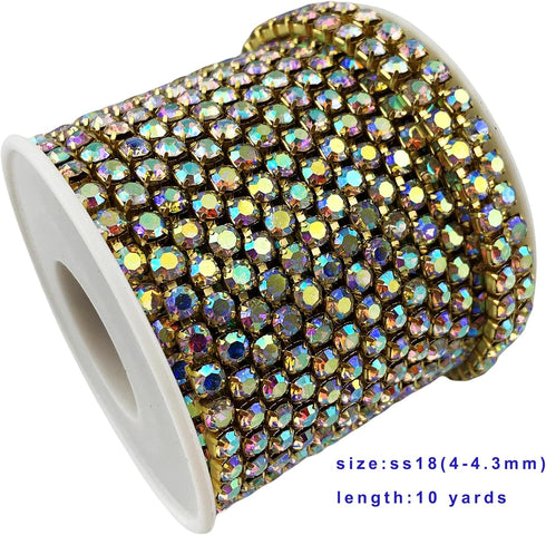 10 Yard Crystal AB Rhinestone Close Chain Clear Trim Sewing Craft (Gold, 4.3mm)...