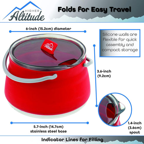 Collapsible Travel Kettle Pot with Lid - 1L Red Portable Water Boiler Tea Maker for Camping Gas Stove...