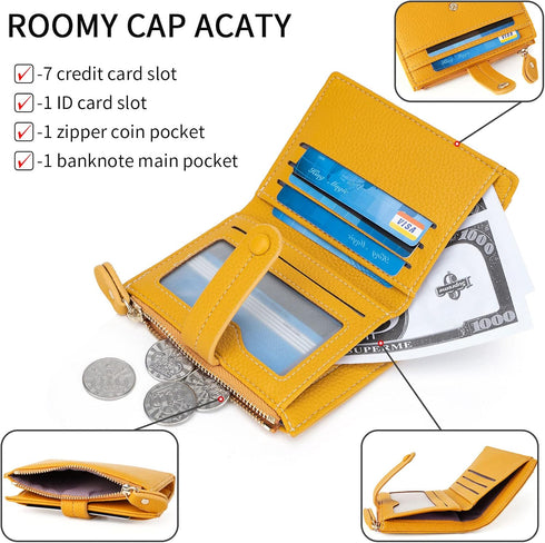 HKCLUF Small Wallet for Women,RFID Blocking Bifold Wallets Zipper Leather Coin Purse Credit Card Holder Wallets With ID Window(Yellow)...