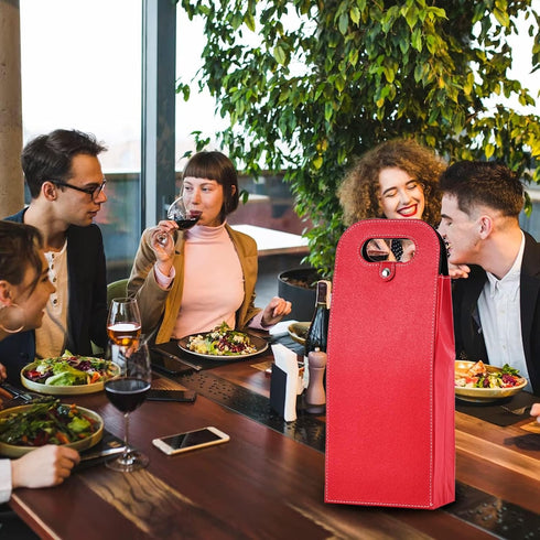 2 Bottle Wine Bag Carrier Tote Wine Champagne Gift Bag, Reusable Leather Wine Tote Carrier Bag Box Holder, Leather Wine Bottle Packag Bag, Classic...