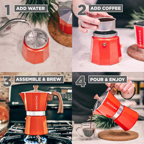 GROSCHE Milano Stovetop Espresso Maker Moka Pot 3 espresso Cup - 5oz, Red - Cuban Coffee Maker Stove top coffee maker Moka Italian espresso greca ...