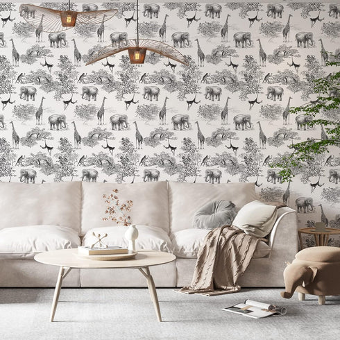 Peel and Stick Wallpaper Giraffe and Elephant Black/White Wallpaper for Kids Room Forest Animals Wallpaper Vintage Contact Paper Nursery Wallpaper...