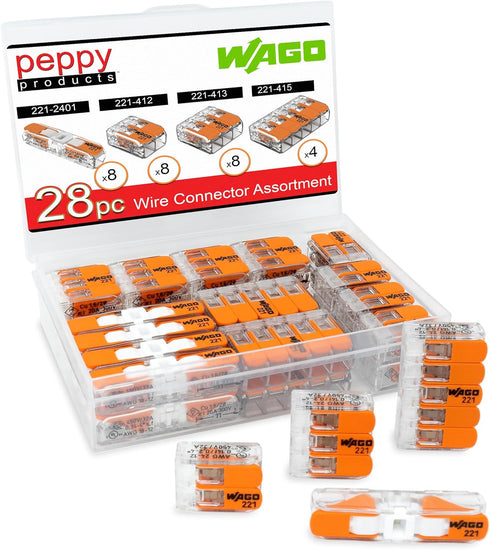 WAGO 221 Lever Nuts 28pc Compact Splicing Wire Connector Assortment with Case | Includes (8X) 221-2401, (8X) 221-412, (8X) 221-413, (4X) 221-415...