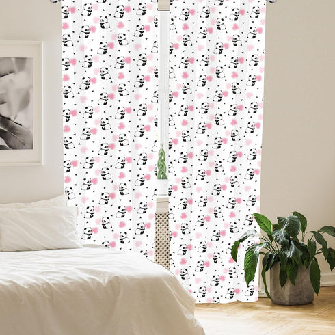Lunarable Panda Window Curtains, Cartoon Style Bear Drawings Pinkish Foliage Leaves Chinese, Lightweight Decor 2-Panel Set with Rod Pocket, Pair o...