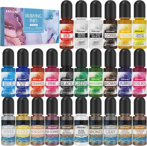 Alcohol Ink Set - 26 Bottles Vibrant Colors Alcohol Inks, High Concentrated Resin Ink, 10 Colors Metallic Alcohol Pigment Resin, Alcohol Based Ink...