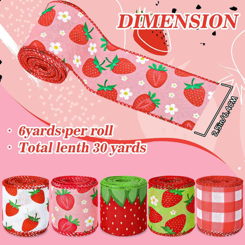 Whaline 5 Roll Strawberry Wired Ribbon 2.5 Inch Red Pink Green Strawberry Plaid Fabric Craft Ribbon Colorful Wired Edge Ribbon for Summer DIY Craf...