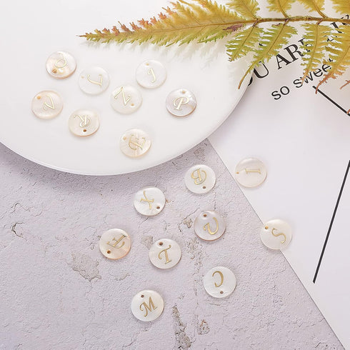 Airssory 26 Pcs Letter A-Z Initial Alphabet Carved Flat Round Natural Freshwater White Shell Charms Top Drilled Hole Tiny Pendants Kit for Jewelry...