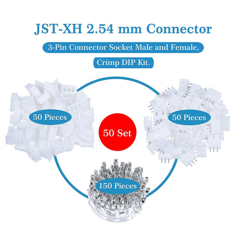 JST XH 2.54 mm Pitch 3-Pin JST Wiring Connecting IC Male Plugs, Female Sockets Housing and T-Shaped Crimp Terminal Connector Kit. 50 Sets/250 Piec...