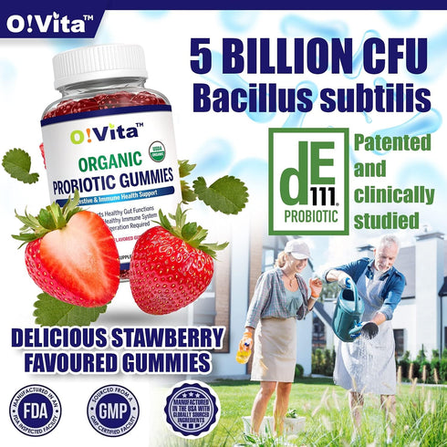 Organic Probiotic Gummies - 5 Billion CFU, Max Strength, Strawberry Flavored, Gut Health and Immune Support for Men, Women and Kids (60 Non-GMO Gu...