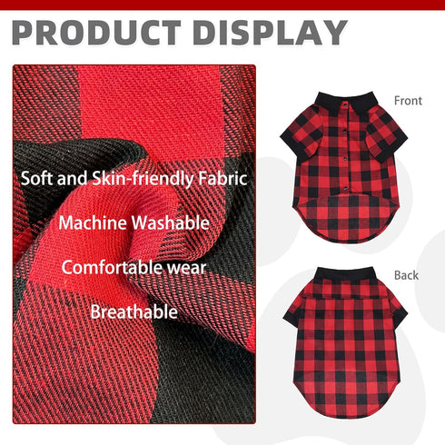 KOOLTAIL Dog Shirt, Red Buffalo Plaid Pet Shirts, Black Color Clash Cute Dog Apparel Clothes Suitable for All Seasons, Comfortable Dog T-shirt for...