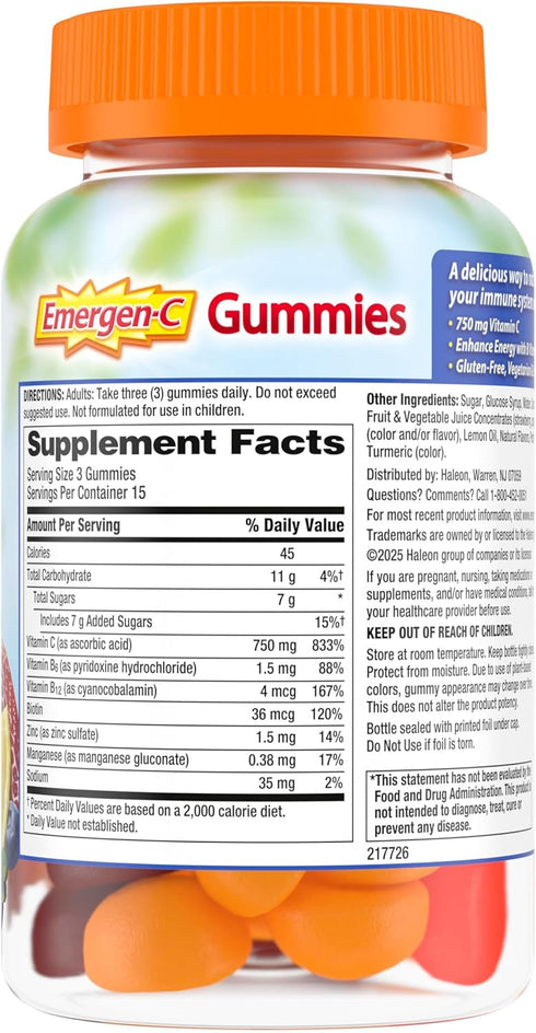 Emergen-C 750mg Vitamin C Gummies for Adults, Immune Support Gummies, Gluten Free, Strawberry, Lemon and Blueberry Flavors - 45 Count...