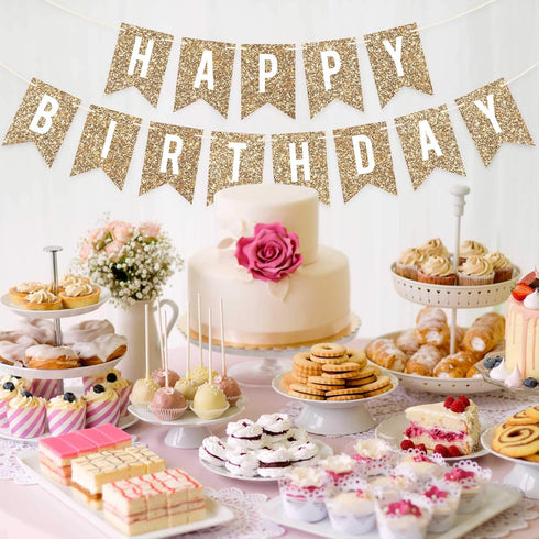Pre-strung Happy Birthday Banner - No DIY - Gold Glitter Birthday Party Banner - Pre-strung Garland on 6 ft Strands - Gold Bday Party Decorations ...