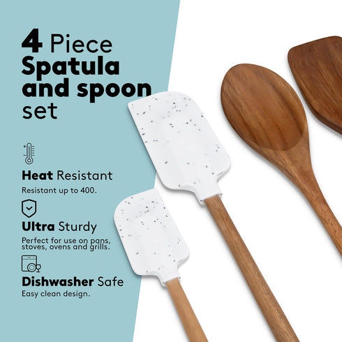 Real Simple Silicone Spatulas and Wooden Spoons for Cooking Set | Wooden Spoon, Wooden Spatula and 2 Silicone Spatulas for Nonstick Cookware | Hea...