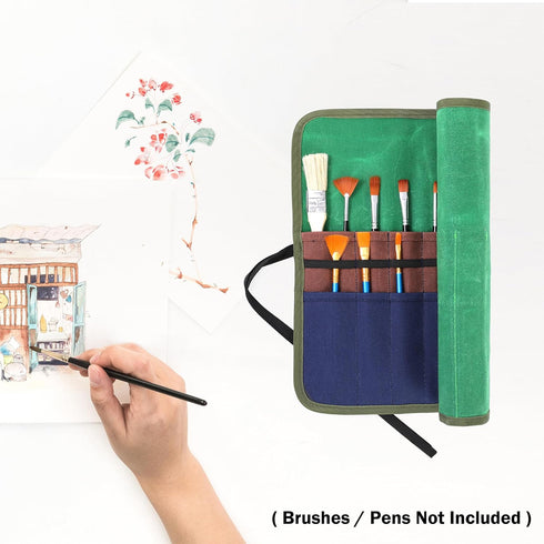 Paint Brush Roll Up Case, Heavy Duty 16oz Waxed Canvas Paintbrush Holder, 20 Pockets & Tie Rope Pencil Storage Roll - 17" W x 13" L - Green...
