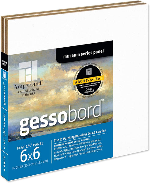 Ampersand Art Supply Gesso Wood Painting Panel: Museum Series Gessobord, 6" x 6", 1/8" Flat Profile, Pack of 4...