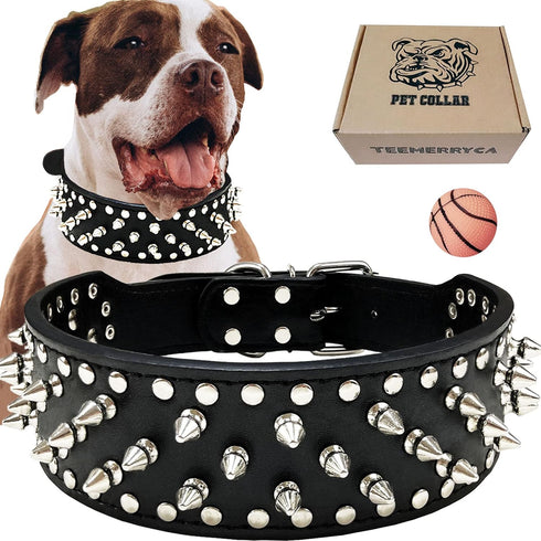 teemerryca Sturdy Wide Black PU Leather Silver Spiked Dog Collars with a Squeak Ball for Medium Large Breed Boy Pet, Pit bulls/Bulldog/Boxer/Dober...