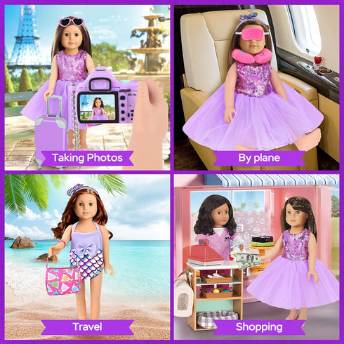 30 PCS 18 Inch Girl Doll Accessories Suitcase Travel Play Set - Camera, Suitcase Stickers, Toiletries, Pillow, Blindfold, Sunglasses, Passport, Ti...