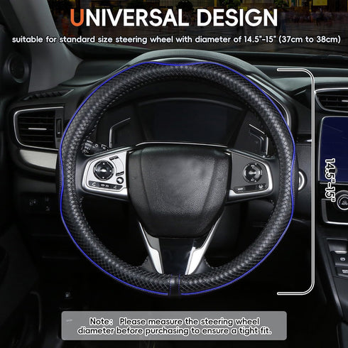 Leather Steering Wheel Cover?Black with Blue line?Anti-Slip, Safety, Soft, Sports Style, Black Steering Wheel Cover, Adaptable to 14.5-15 inches S...