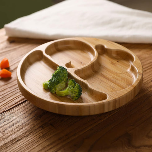 Suction Plates for Baby & Toddler, Bamboo Divided Platter Feeding Dishes with Silicone Fork& Spoon, All-Natural Baby Food Plate Stays for Baby-Led...