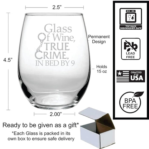 Glass of Wine, True Crime, In Bed by 9 (15 oz) Funny Birthday Wine Lover Glass Gift - Detective Theme, Unsolved Mysteries Fan, Halloween Wine Glas...