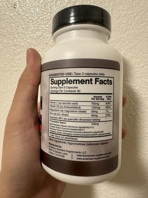 American Standard Supplements Quercetin 1000mg Per Serving with Zinc, Vitamin C, Vitamin D3, Magnesium, Elderberry, Echinacea, Turmeric, Astragalu...