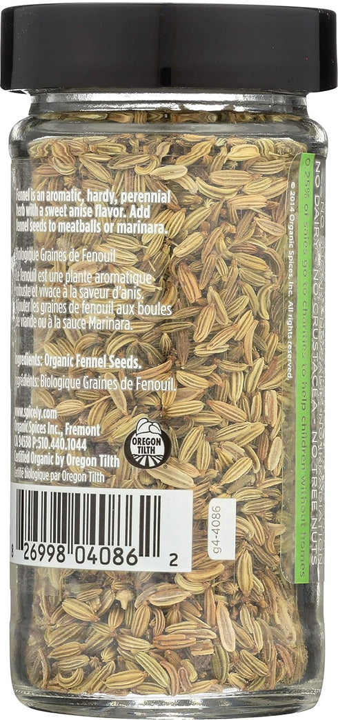 Spicely Organic Fennel Seeds Whole 1.10 Ounce Jar Certified Gluten Free...