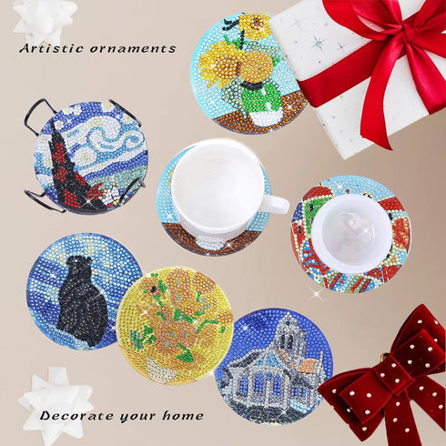 LINGFANG 8 Pcs Diamond Painting Coasters Kits, Van Gogh Sunflowers DIY Diamond Art with Holder & Cork Pad Non Slip Coaster for Beginners, Diamond ...